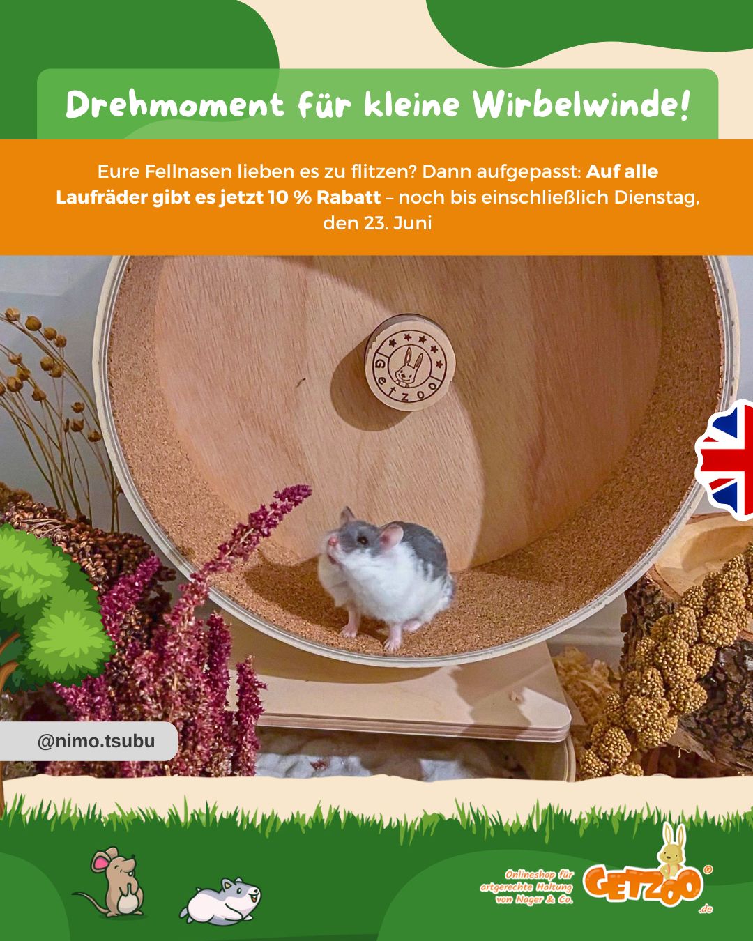 🐹 Drehmoment für kleine Wirbelwinde! 🐹
Eure Fellnasen lieben es zu flitzen? Dann aufgepasst: Auf alle Laufräder gibt es 
